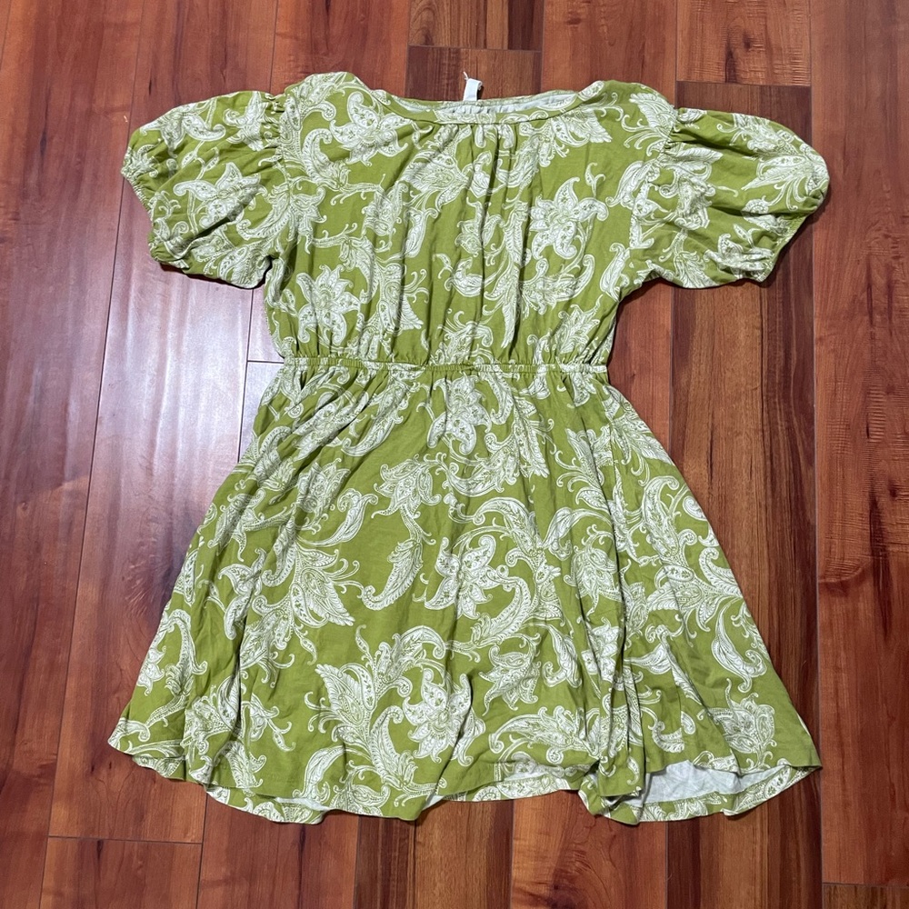 Anthropologie Daily Practice Green and White Puff Sleeve Sundress